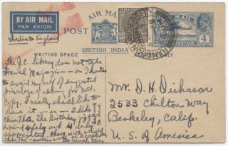 Burma,  India In,  1937 Airmail 4a Card W/rangoon University Cds,  Air To London