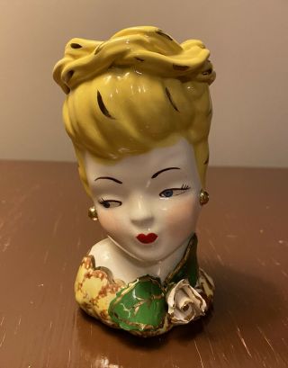 Unique Rare Vintage Lady Head Vase Yellow & Gold “by Eddy Calif.  ” 4 - 1/2” High