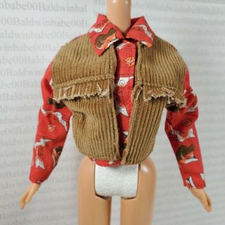 Top Barbie Fashion Doll Red Cowboy Boot Print Brown Vest Front Shirt Blouse