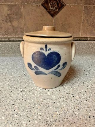 1987 Rockdale Union Stoneware Blue Salt Glaze Pottery 6” Heart Crock Wisconsin U