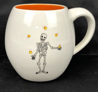 Rae Dunn By Magenta Skeleton With Candy Corn Halloween Mug With Orange Inside