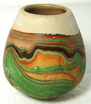 Vintage 3 " Nemadji Pottery Green Swirl Small Vase Minnesota Usa Collectible