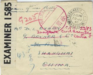 Great Britain 1942 Pow Censored Cover To Shanghai China Redirected On Arrival