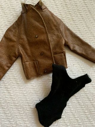Vtg 60s Barbie Doll Size Brown Leather Jacket Coat & Black Leotard Top Unbranded