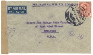 Thailand,  Wwii Airmail,  1941 Pan Am Clipper Cover W/singapore Censor
