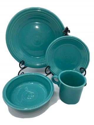 4 Piece Place Setting Fiesta Turquoise by HOMER LAUGHLIN Dinner Salad Bowl Mug 3