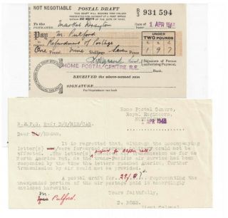 Singapore - Undelivered Wwii Letters £1.  9.  7d Postal Draft For Refund Of Air Fees
