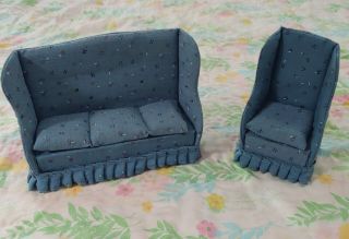 Dollhouse Furniture Couch And Wing Back Chair Cloth Cushioned 4 " Tall