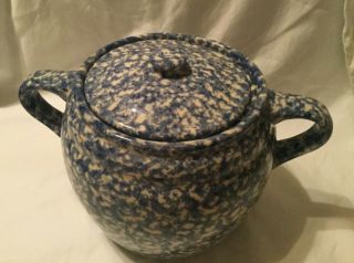 Roseville Pottery 3 Qt Bean Pot Cookie Jar Blue Roseville Spongeware Usa
