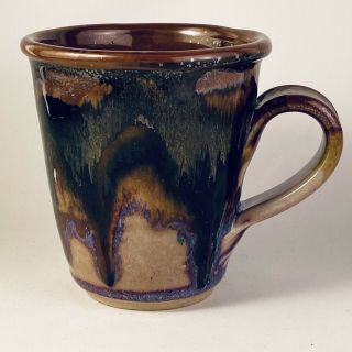 Studio Art Pottery Mug Drip Glaze Brown Blue Green Signed Bl