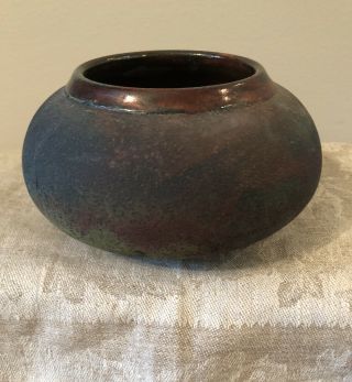 Raku Studio Art Pottery Signed Black Clay Small Vase Iridescent Copper Ring