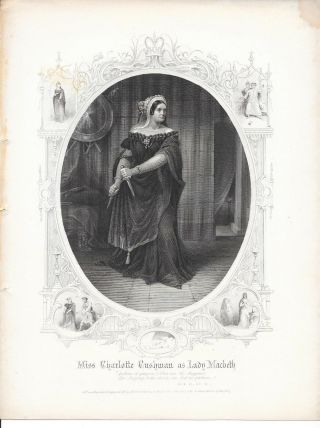 1855 Lithograph Of Shakespeare Actress Miss Charlotte Cushman As Lady Macbeth