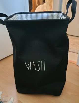 Rae Dunn Collapsible Laundry Hamper Basket Bin Black White Wash Handles