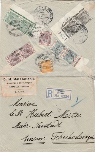 Cyprus To Czechoslovakia Limassol George V Five Colour Franking Registered 1931