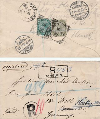 Burma To Germany Rangoon Squared Circle Queen Victoria 4as50 Registered 1895