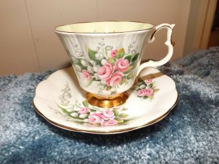 Royal Albert Pink Roses Gold Footed Cup & Saucer White With Gold Trim Numbered