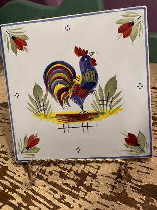 Vintage Henriot Quimper France Hand Painted Rooster Porcelain Tile 6 Inch Signed