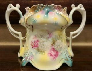 Vintage Rs Prussia Red Mark Sugar Bowl No Lid.  Pink Roses And Hydrangea