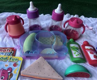 Pretend Food & Snacks W/bottles & Sippy Cups For Baby Doll Play