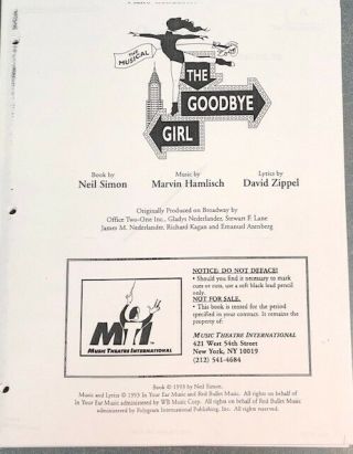 The Goodbye Girl Hamlisch Piano Conductor Vocal Score Musical Theatre