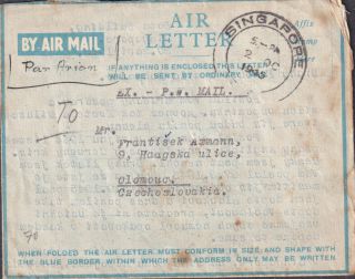 1945 Singapore Straits Settlements Ex - Pow Lettercard To Čsr.  Czech Full Writing