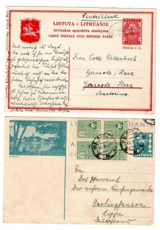 1937/39 Lithuania To Germany Postal Stationery Cards X 2 / Illustrated.
