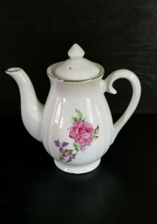 Vintage Teapot Roses On White 7 " Coffee Pot Porcelain Rose Design Made In Japan