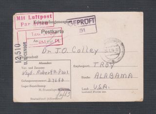 Germany 1944 Stalag Luft 3 Prisoner Of War Pow Postal Card To Troy Alabama Usa