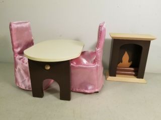 1:6 Scale Wooden Dollhouse Furniture: Dining Table,  2 Chairs & Fireplace