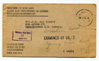 Canada / Germany 1943 Navy Merchant Marine - Canadian Pow In Germany - Postcard