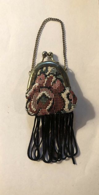 Dollhouse Miniature Tapestry Clasp Purse With Fringe And Chain - Vintage