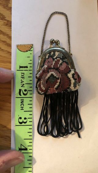 Dollhouse Miniature Tapestry Clasp Purse with Fringe and chain - Vintage 2