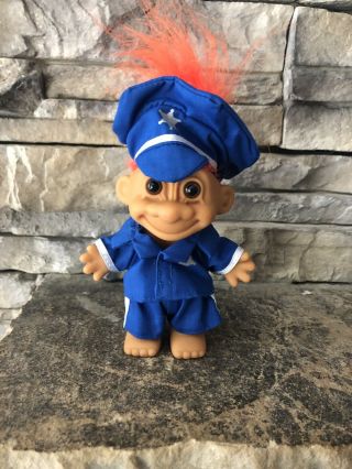 Russ Troll Doll 4 1/2” Orange Hair Brown Eyes Dressed As A Policeman