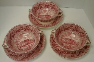 Johnson Bros.  Historic America Soup Cups/saucers Oak Leaf/capitol Va Pink 6 Pc