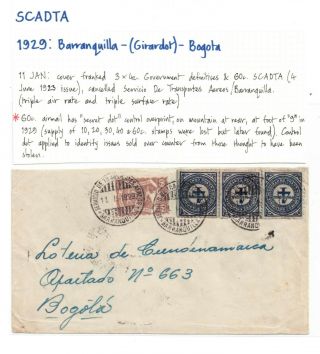 Colombia Scadta Internal Airmail To Bogota At The Triple Rate Ex - Barranquilla 29