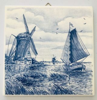 Vintage Delft Blue Porcelain Tile Sailboat Windmill Dutch Scene 6 X 6 " Holland