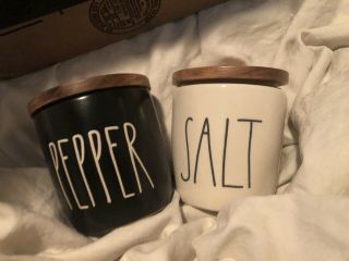 Rae Dunn Salt & Pepper Cellars Shakers Set With Wooden Lid - Complete