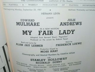 1957 Playbill,  My Fair Lady,  Edward Mulhare,  Julie Andrews,  director Moss Hart 2