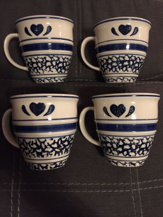 Folk Craft Blue Heart Set Of 4 Coffee/tea Mugs Tienshan Stoneware