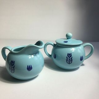 Vintage Cronin Blue Tulip Pottery Creamer & Sugar With Lid