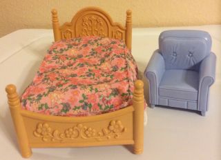 Mattel Dollhouse Bed / Headboard/ Footboard 7 X 4 & Chair 3x3