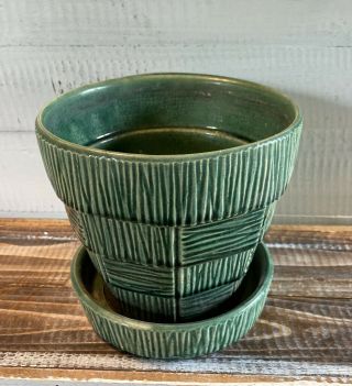 Vintage Mid Century Mccoy Pottery Green Basket Weave Flower Pot Planter