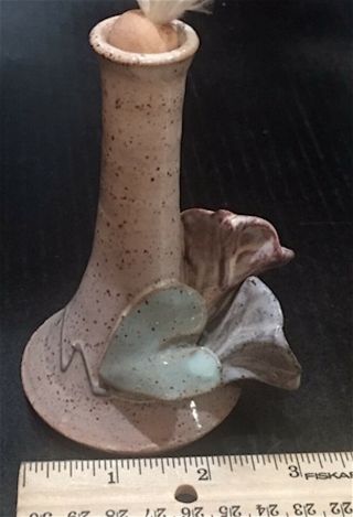 Handmade Pottery 5 " Tall Vase / Oil Lamp With Sculpted Flowers / Signed By Arti