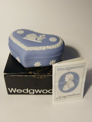 Vintage Wedgwood Jasperware White On Blue Heart Trinket Box Dish W/lid Mib