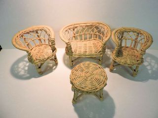 Set Of Rattan Doll Furniture - 2 Chairs,  Loveseat And Table