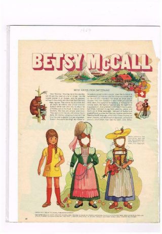 1969 Vintage Betsy Mccall Mag.  Paper Doll; Betsy Writes From Switzerland