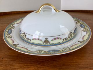 Covered Butter Dish Round W/insert Noritake Sylvania Blue Yellow W Pink Roses