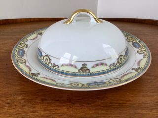 Covered Butter Dish Round w/Insert Noritake Sylvania Blue Yellow w Pink Roses 2