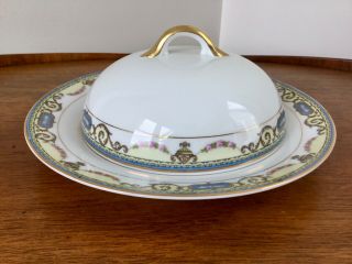 Covered Butter Dish Round w/Insert Noritake Sylvania Blue Yellow w Pink Roses 3