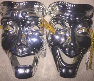 Vintage Silver Metal Thespian Masks Comedy Tragedy 9” Set Of Two
